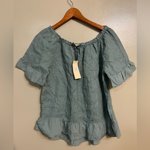 Terzo Millennio Women's Green Ruffle Top Off Shoulder Pure Linen Italy L NWT - Picture 1 of 10